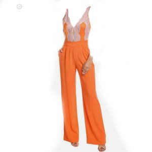 NWT Boho Ramy Brook Vanna Lace Plunge V-Neck Jumpsuit Orange and Pink Size 6